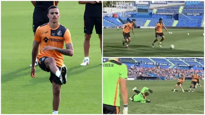 Football fans react as Mason Greenwood scores two goals with both his left and right foot in his first training in Getafe